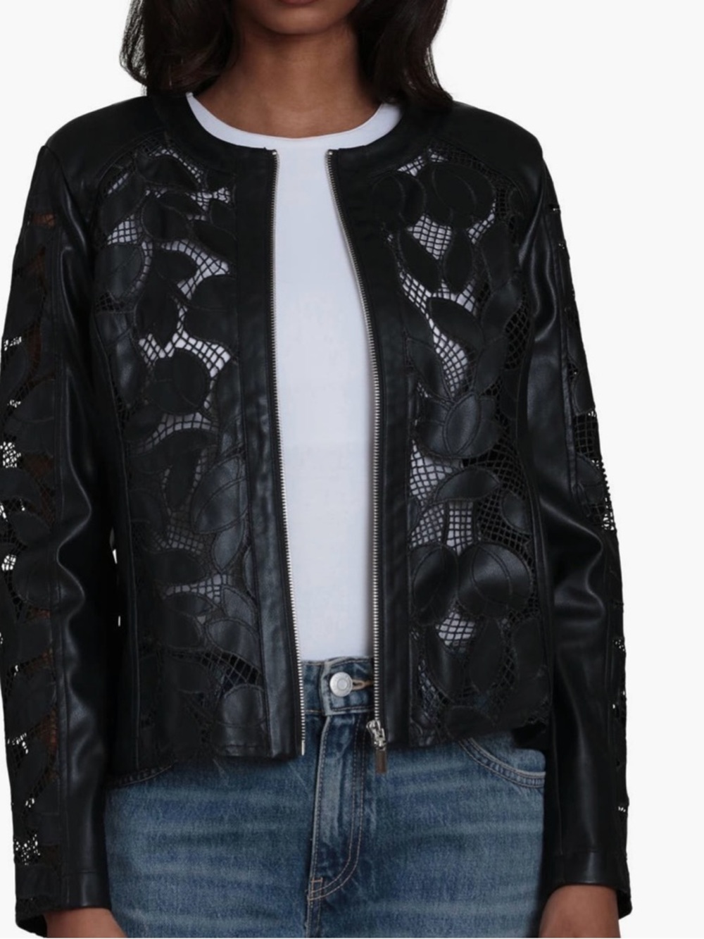 Bagatelle Embroidered Lace Faux Leather Moto jacket - Picture 2 of 4